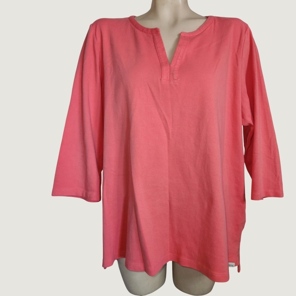 Orvis NEW Classic Collection Coral Pink 100% Pima Cotton Split V-Neck Top XXL‎